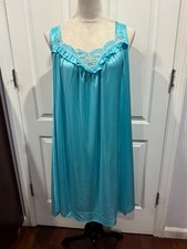 Women Blue Green Silky Sleeveless Scoop Lace Nightgown Sz M 38"Lx19"W 