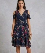 Tahari Arthur S. Levine Dress Womens 14 Black Floral Wrap Hi Low Chiffon Ruffle