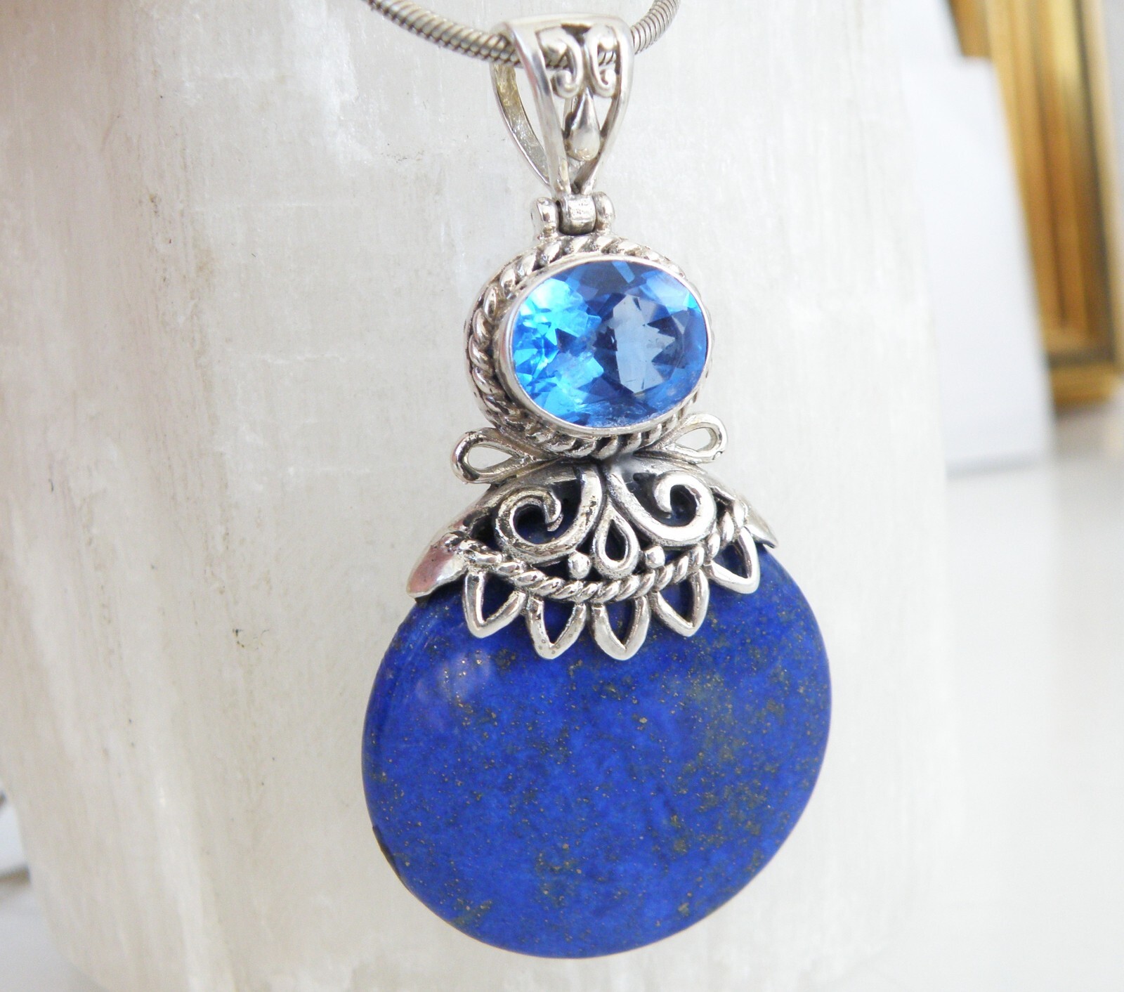 Large Sterling Silver 925 Natural Lapis Fluorite Pendant Necklace