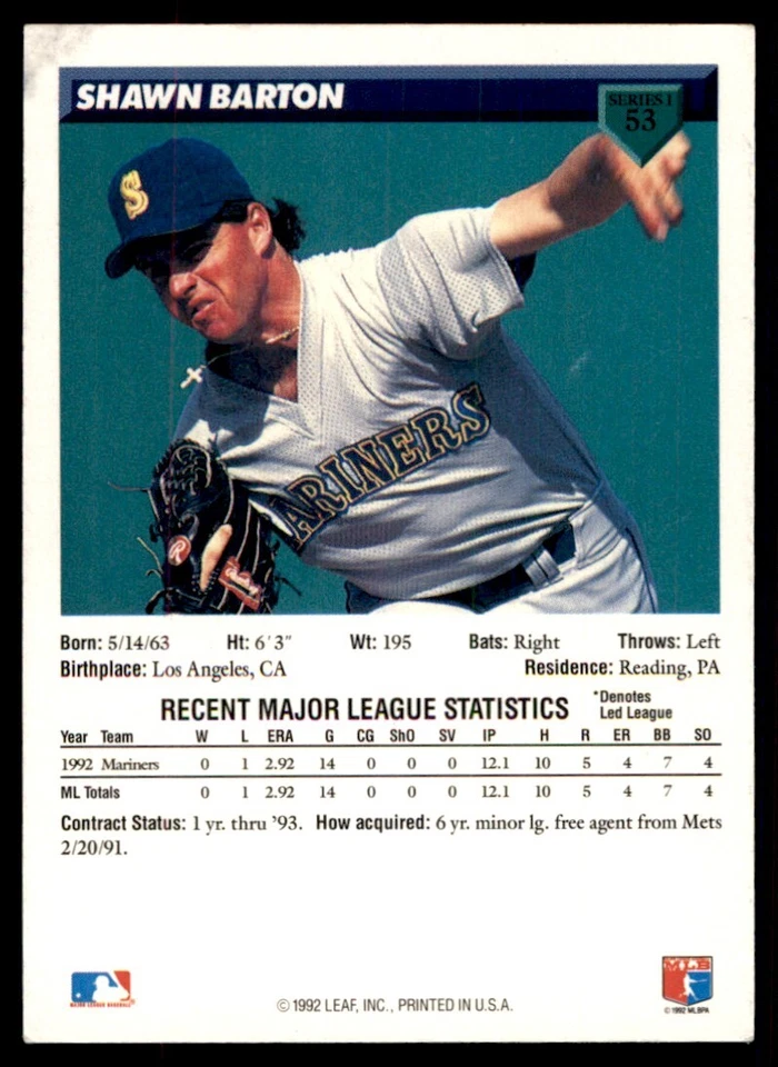 1993 Donruss Shawn Barton RC Seattle Mariners #53 - Image 2 of 2