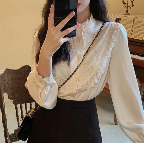 Vintage Lolita Damen Bluse Victorian Gothic Spitze Plissee weiß Prinzessin Shirt - Bild 1 von 14