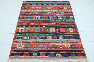 Vintage Turkish Balya Kilim Rugs, Stripped Kelim, Modern Rug 56''x71'' Area Carpet