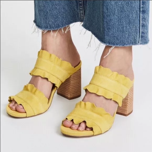 Free People Rosie Ruffle Yellow Suede Heels Size 38 Block Heel eBay