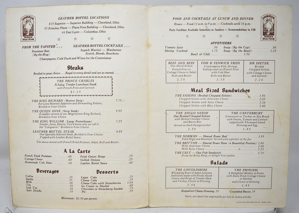 1970s Leather Bottel Taverne Steak House Restaurant Menu Cleveland