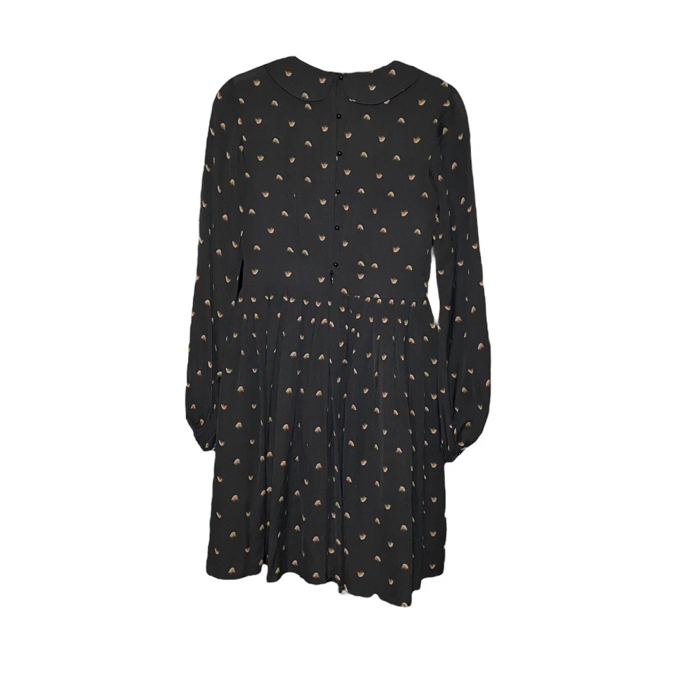 Vestido Orla Kiely Estampado de Pájaro 100% Seda Cuello Peter Pan Negro Talla 6 Mangas Campana Foto 2 de 4