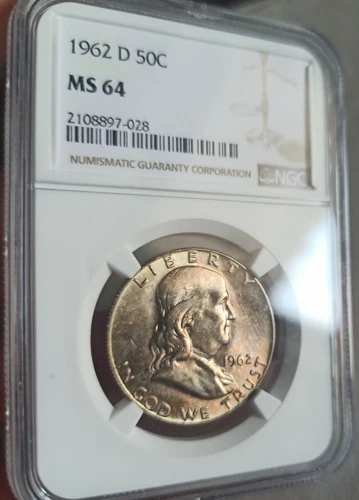 SILVER 50 Cents 🔷 Franklin Half Dollar 1962 D 🔷 USA AMERICA 🔷 UNC NGC M64