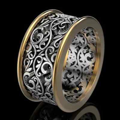Wide Silver and Gold Filigree Band Ring / Sizes 6 - 10