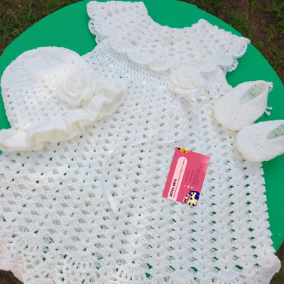 1 - 12 Months - Handmade Baby Girl White Crochet Dress Frock, Hat & Booties