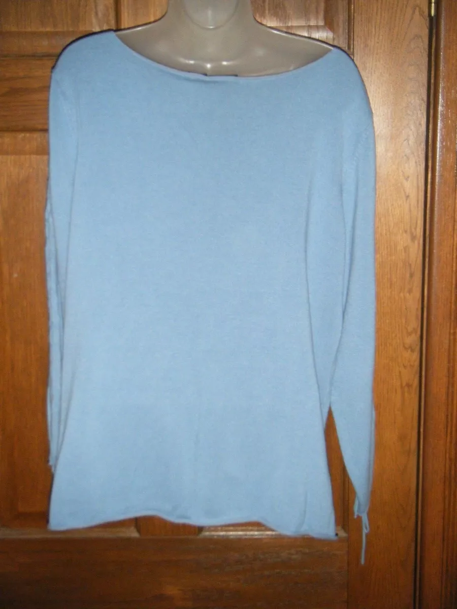 Newport News Shape FX Blue Scoop Neck Lace Up Sleeves Thin Knit