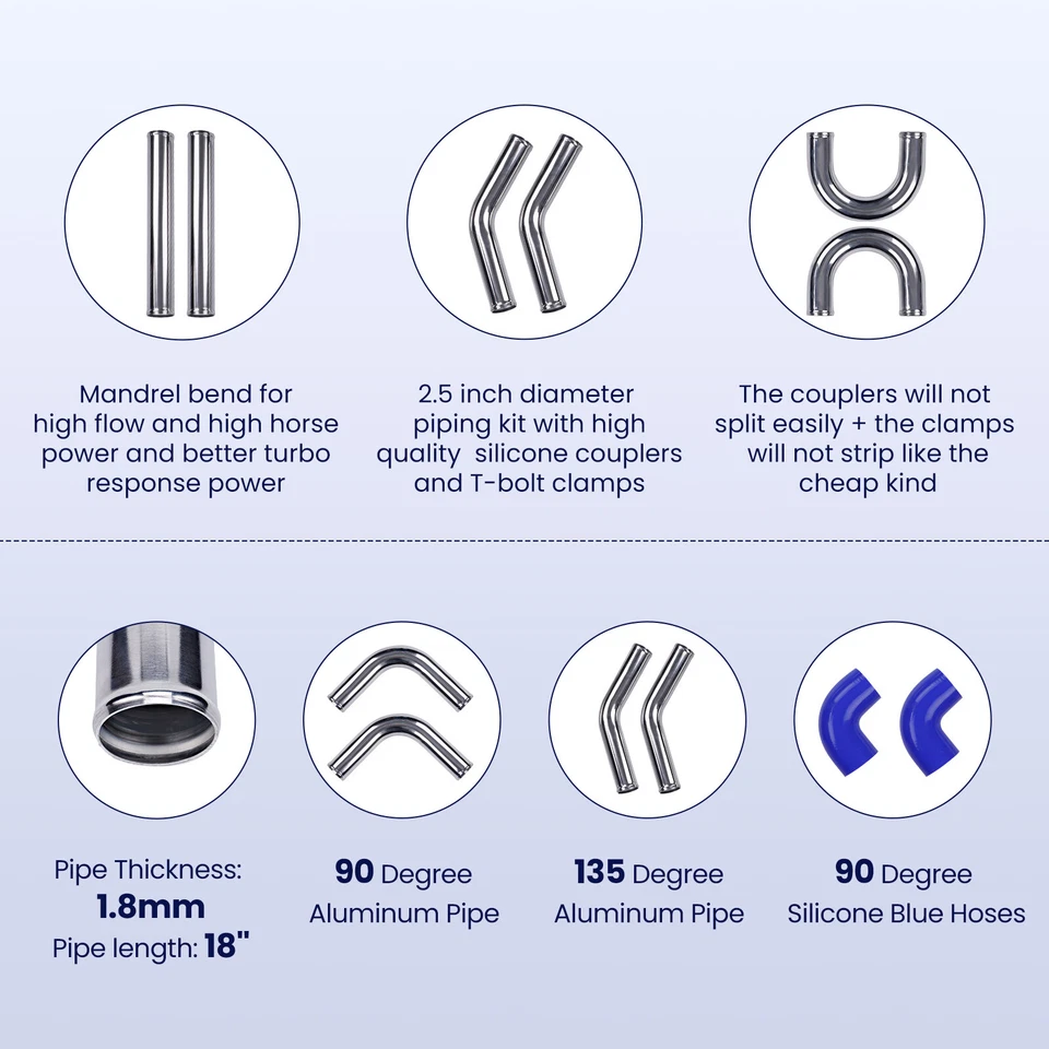 2.5" 64mm Turbo Piping Pipe Kit Universal + 600x300x76mm 3" Intercooler Black - Immagine 3 di 4