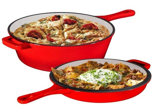 Hierro Fundido Esmaltado 2 en 1 Multi-cocina horno holandés \u0026 Convertible  Sartén Tapa Roja | eBay