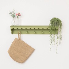 Green Painted Scalloped Edge Coat Peg Rail Hooks with Shelf - 100cm