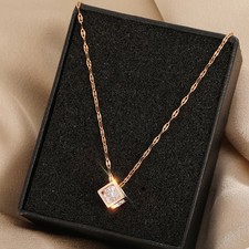 Stainless Steel Zircon Pendant Necklace Women Square Clavicle Chain Jewelry