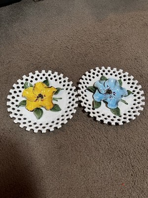 2 Vintage 1970s Porcelain Glass Flower Plates