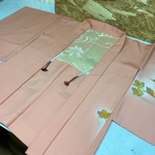 Japanese traditional Kimono Coat Dochugi haori Salmon Pink Floral Elegant design