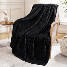 Large Flannel Fleece Throw Blanket, Jacquard Weave Leaves Pattern 50" X 70", Bl