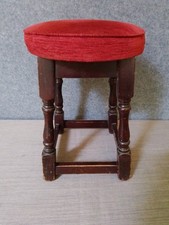 Vintage Low Short Bar Pub Table Stool Wooden Legs Upholstered Red Round Top 