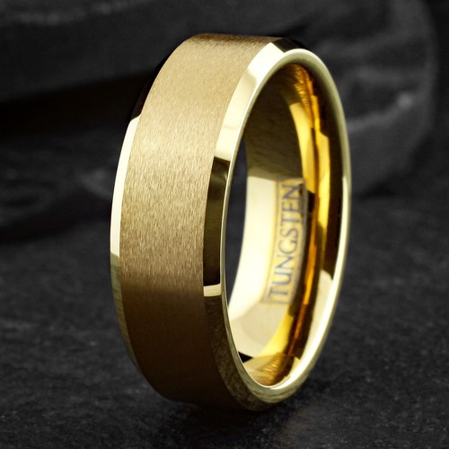 6/8mm Tungsten Carbide Men's Gold Plated Brushed Wedding Band Ring - Picture 6 of 9