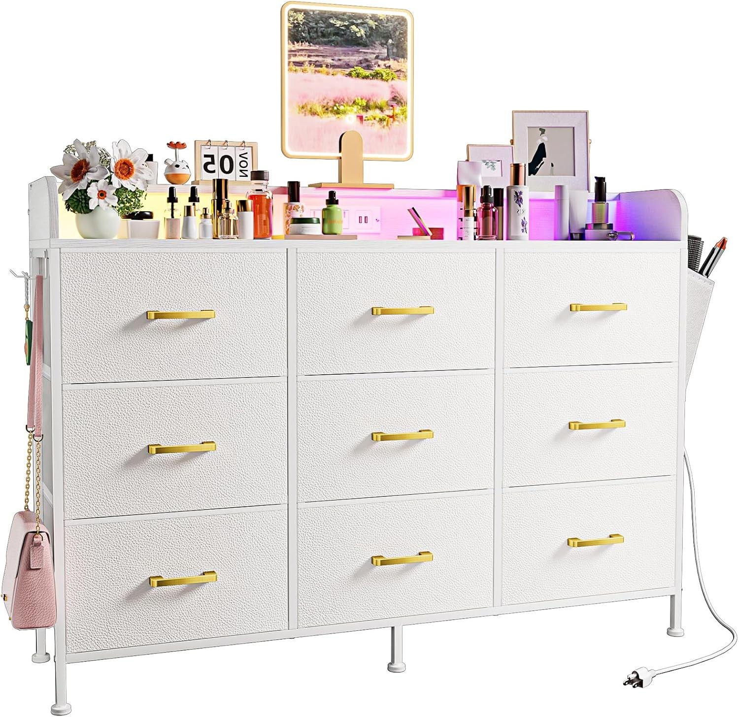 Dresser for Bedroom, White Dresser with Power Outlets and LED Lights