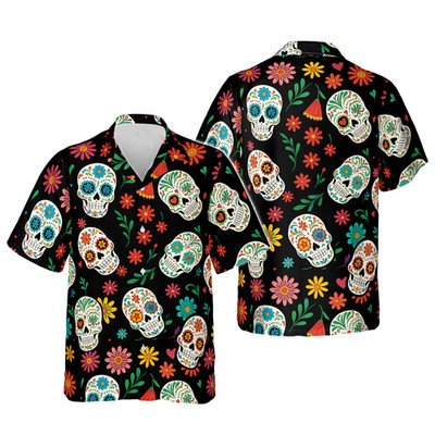 Mexican Sugar Skull Hawaiian Shirt Colorful Floral Day of The Dead Unisex