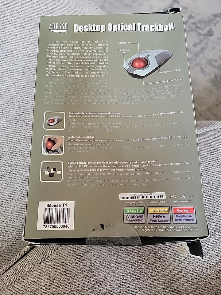 iMouse T1 Desktop Optical Trackball Adesso Mouse USB Mac Windows - Image 4 of 4