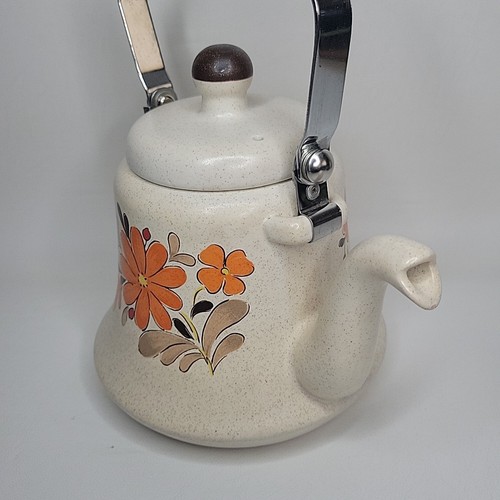 60er Jahre Japan Steingut Teekanne Holzgriff florales Design orange gelb Blumen *** - Bild 14 von 24