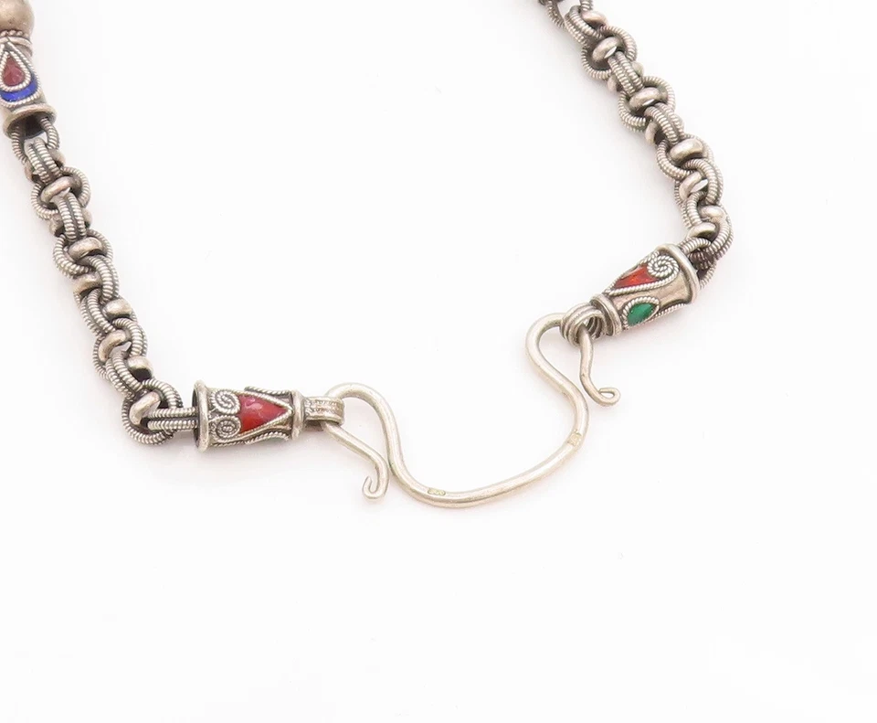 925 Sterling Silver Vintage Necklace Enamel Beaded Bohemian Tribal Chain NE4722 - Image 4 of 4