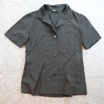 Halston Top Women Medium Black Vintage Rayon Short Sleeve Button Front Pocket