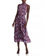 148$ T Tahari Pleated Halter Neck Tie Belt Midi Dress Sleeveless Size M Red Blue