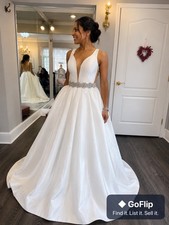 Calla Blanche Wedding Dress V-neck Embellished Waist Open Back White Satin