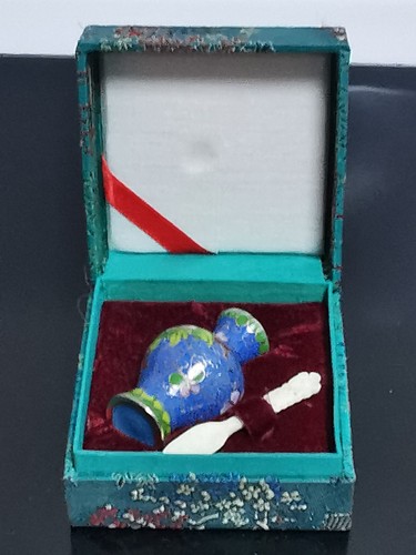 Alte Vintage Box Chinesische Blumen Cloisonné Emaille Kleine Vase und Löffel - Bild 2 von 9