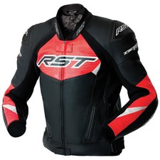 RST Tractech Evo D3O Motorbike Motorcycle Leather Jacket - Black / Flo Red