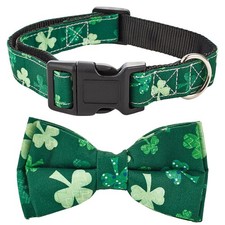 St. Patricks Day Dog Collar with Removable Bow Tie Adjustable Green Shamrock ...