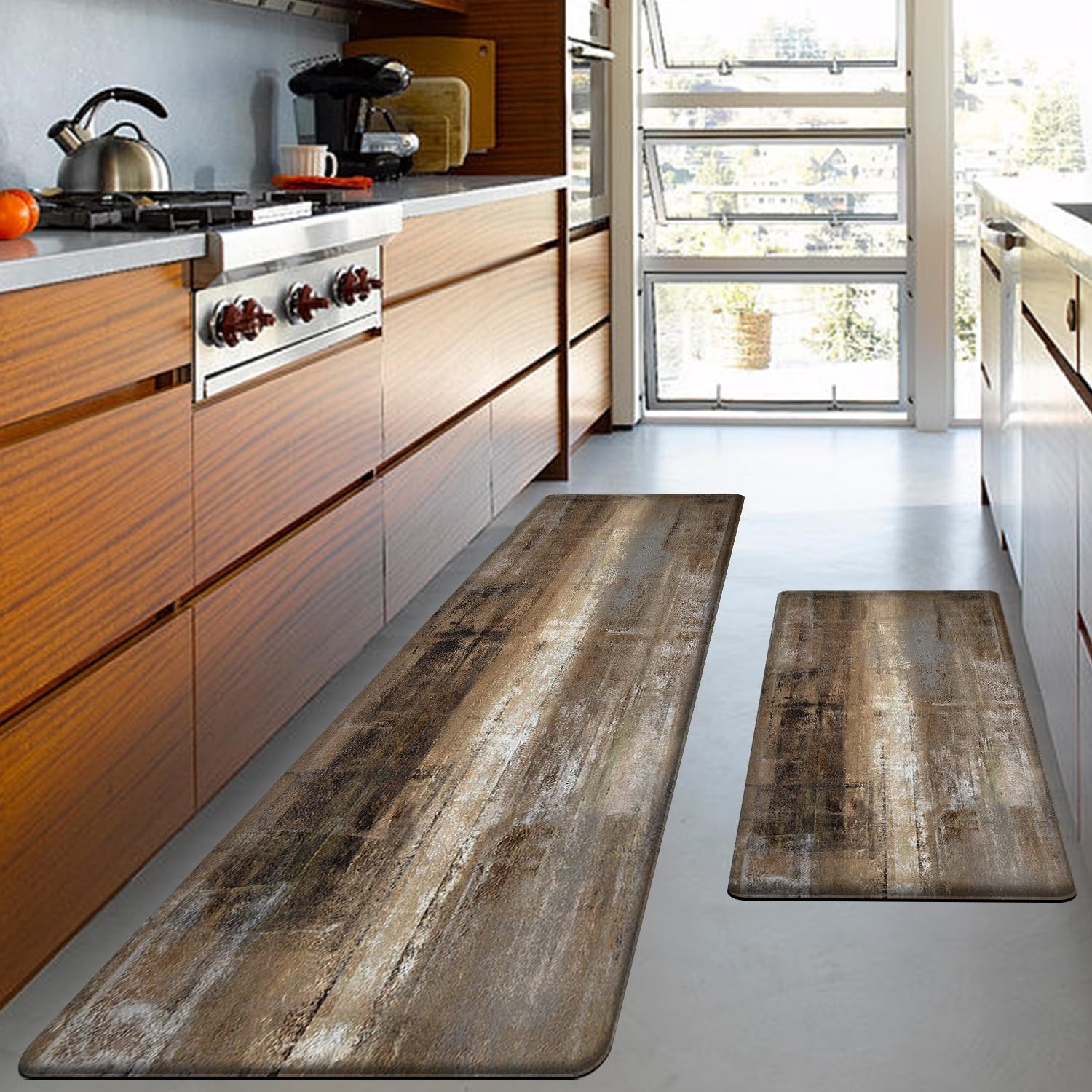 Anti Fatigue Kitchen Mat - Set of 2 - Taupe Abstract Art Comfort Mats - Cushi...