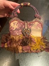 Mary Frances Beaded Feather Brown Ribbon Floral Purse Handbag Hard Shell