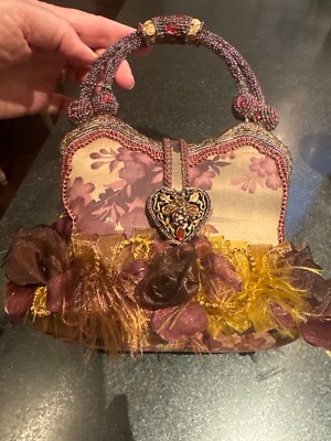 Mary Frances Beaded Feather Brown Ribbon Floral Purse Handbag