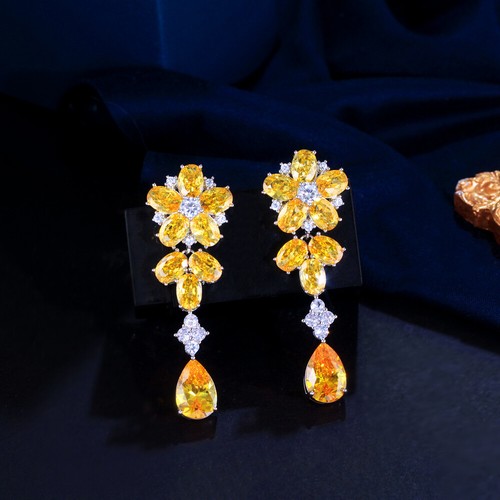 Yellow CZ Flower Dangle Drop Earrings Silver Plated Cubic Zirconia Women Jewelry - Imagen 5 de 7