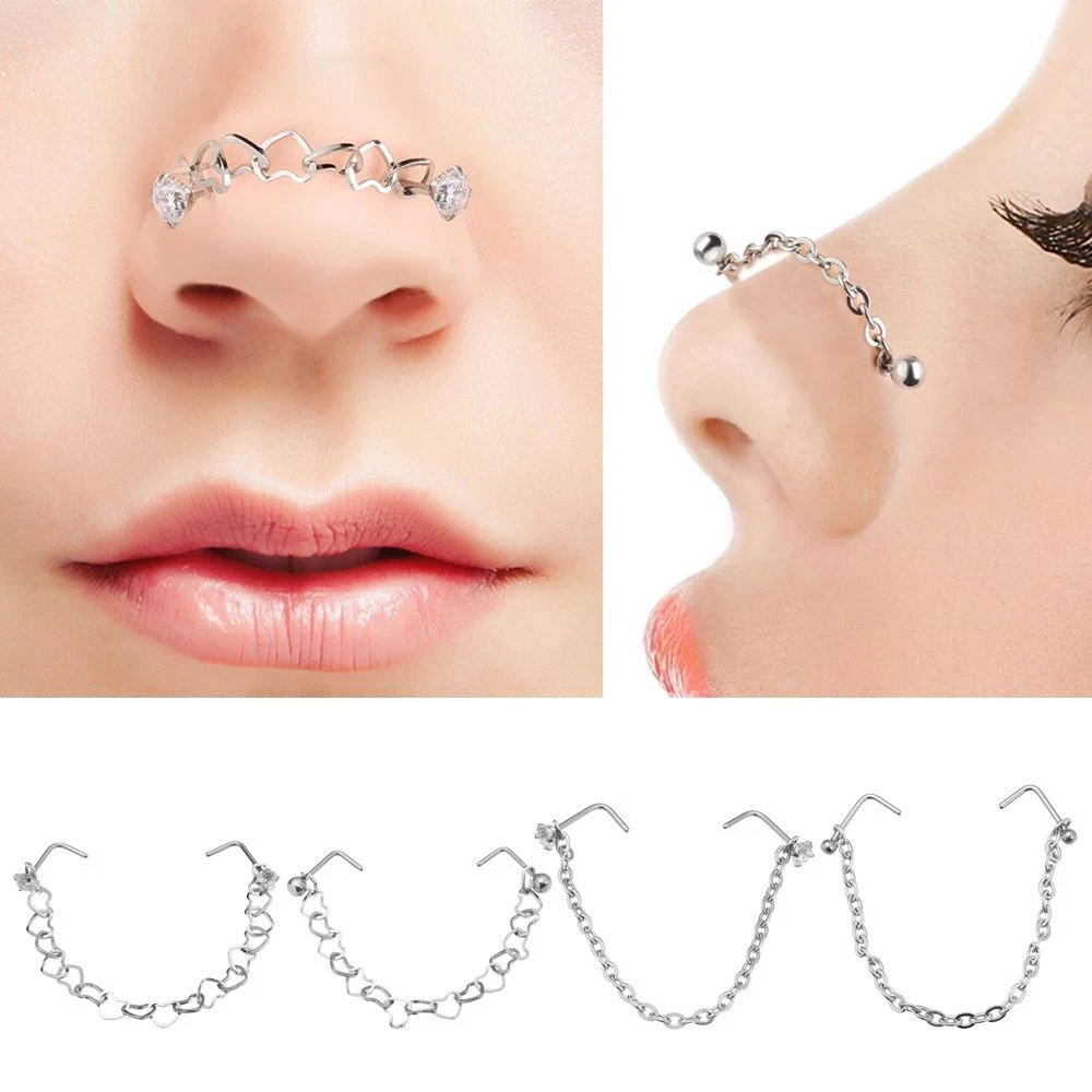 Double Nose Chain Nose Piercing Ring Love Heart StainlessSteel Chain Rhinestones