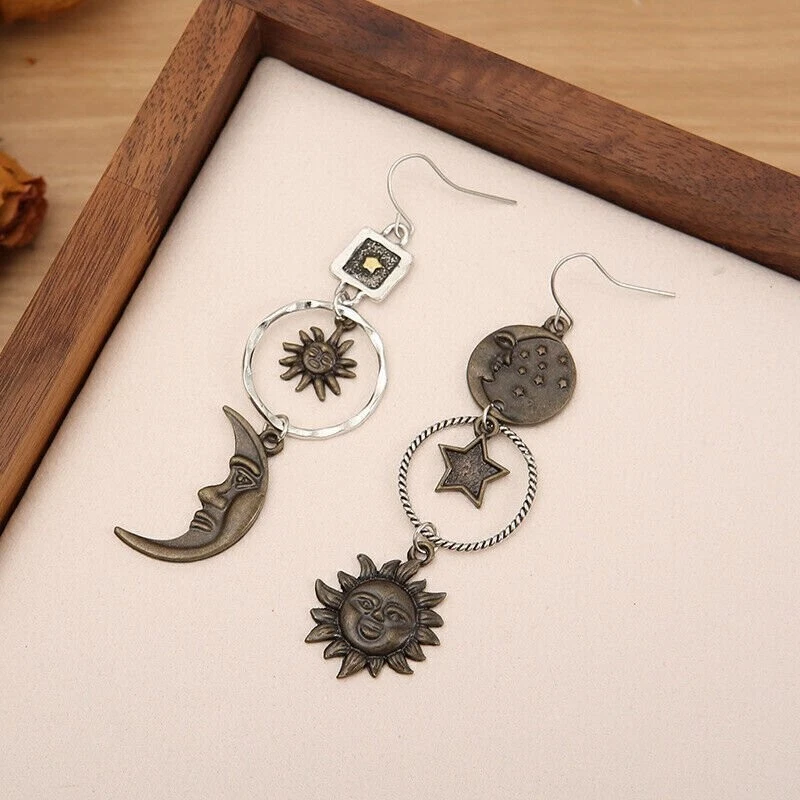Sun & Moon Earrings, Star, Asymmetrical, Unique, Mixed Metal, Brass, Antiqued - Image 2 of 4