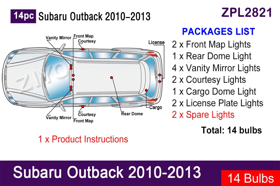 Actualización de luz interior LED de 14 piezas para Subaru Outback 2010-2014 bombillas blancas Foto 2 de 4