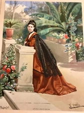ANTIQUE CHROMOLITHOGRAPH URUGUAY LADY COSTUME PRINT MUJERES 1876 CROMOLITOGRAFIA