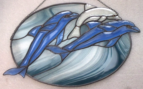 Bleiverglasung Fensterbild  Facetten- Delphin- Familie im Oval in Tiffany - Bild 5 von 15