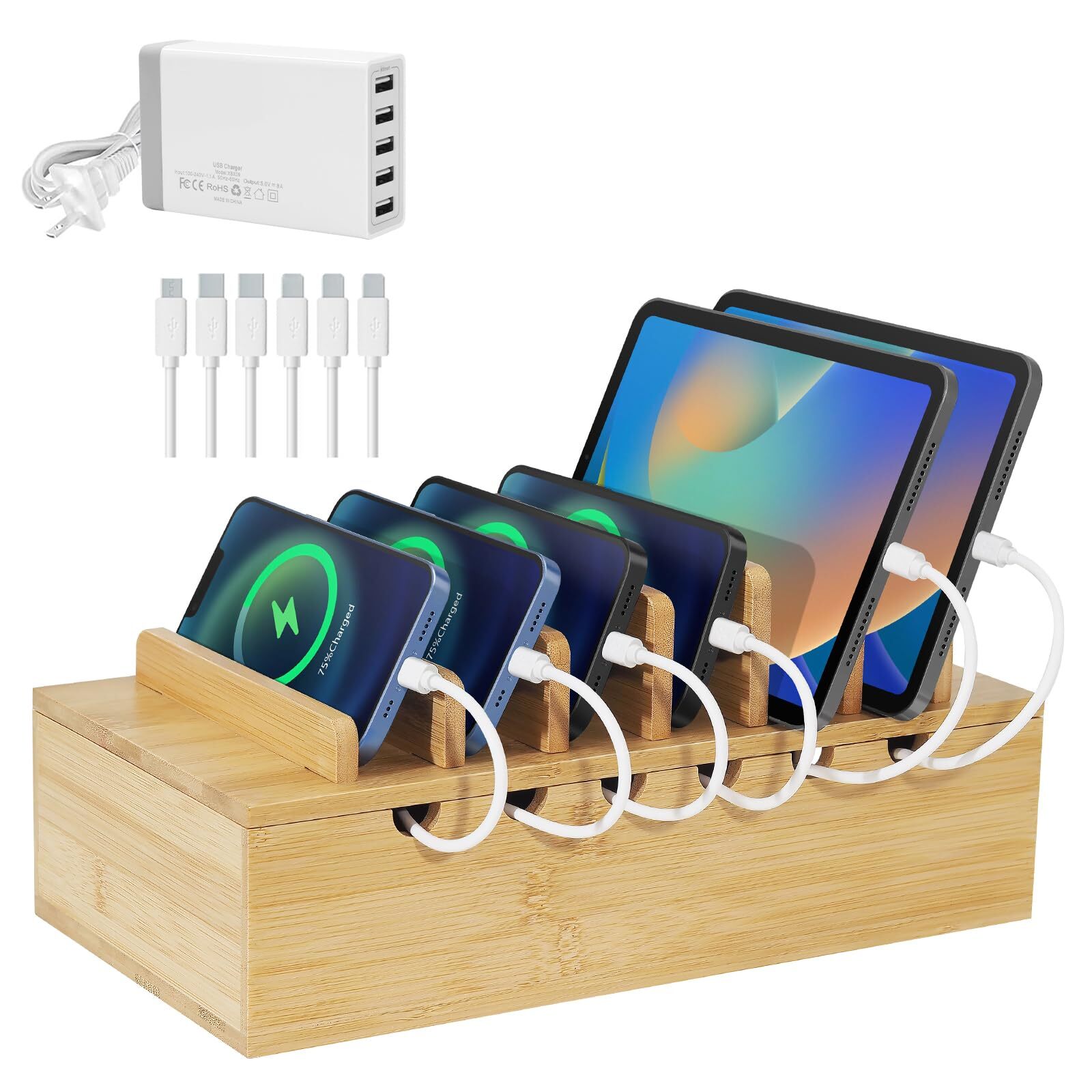 Bamboo 5-Port USB Charging Station with 6 Cables and Desk Organizer  -image