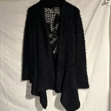 Lola B mixed media sweater  Cardigan crochet back Open front soft fuzzy medium