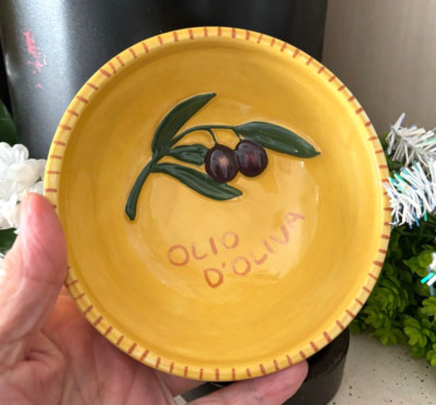 Vtg 5'' WILLIAMS SONOMA Italy POTTERY Gold OLIVE Oil Dipping BOWL DISH Embossed