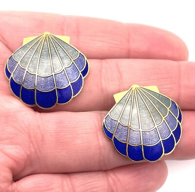 Clam Shell Post Earrings Enamel Guilloche Blu Green Gold Tone 7/8 