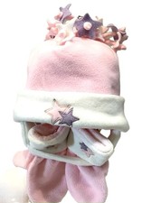 Girls 2P SET Fleece Hat  Mittens Pink White Lilac Stars Size 04-06 years NWT