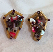Vintage Japan Clip-On Shell & Glass Beaded Cluster Earrings Multicolor