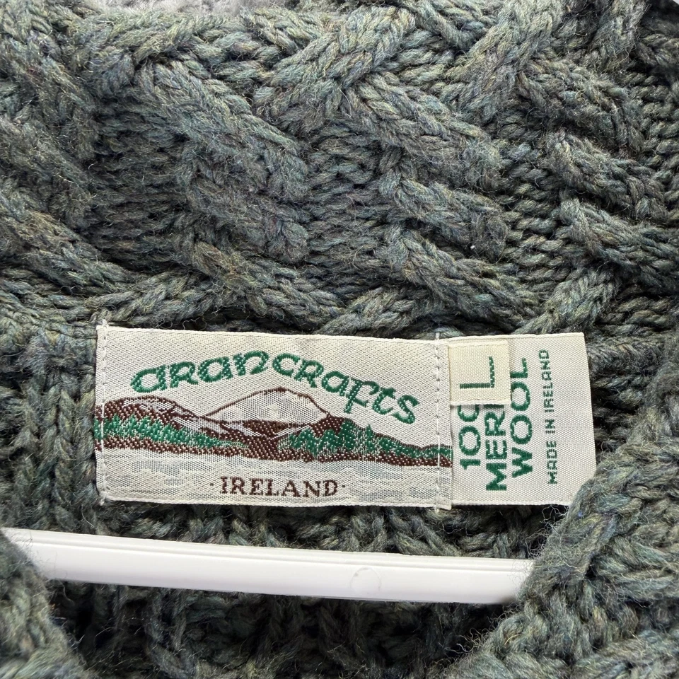 Vintage Aran Crafts Sweater Mens Large Green Ireland Merino Wool Cable Knit - Image 3 of 4