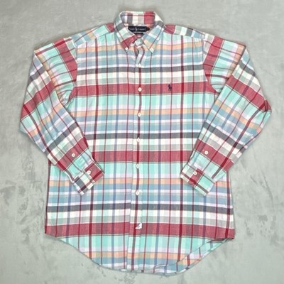 Vintage Ralph Lauren Cotton Oxford Shirt Mens Medium Madras Plaid Hong Kong